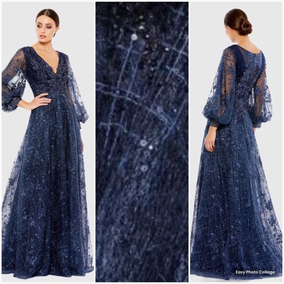 MAC DUGGAL 20283 Womens Blue Embellished Plunge Neck Puff Sleeve A Line Gown - Picture 1 of 14